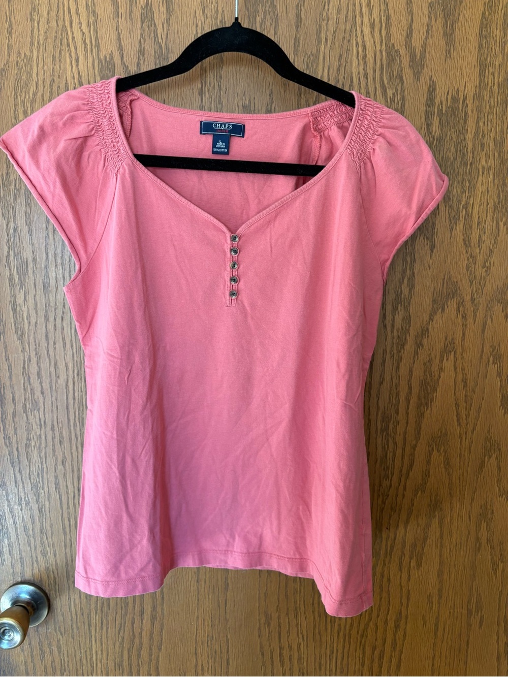 Chaps Coral-Pink Smocked Shoulder Henley Tee
